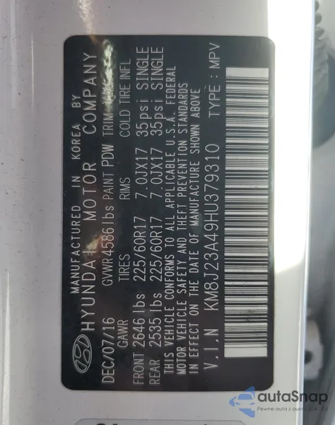 2017 Hyundai Tucson Se из США, поврежденный, VIN KM8J23A49HU379310